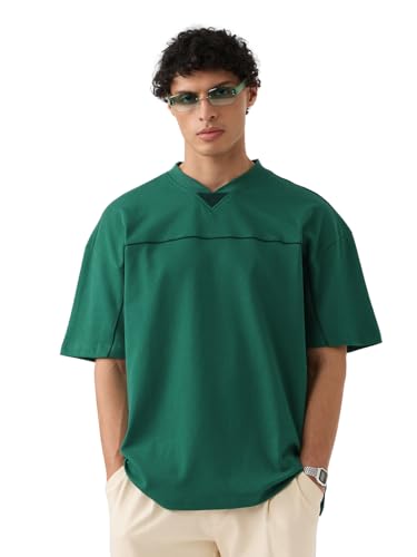 Image of The Souled Store Originals: Varsity Men and Boys Short Sleeves V Neck Emerald Solid Cotton Oversized T-Shirts