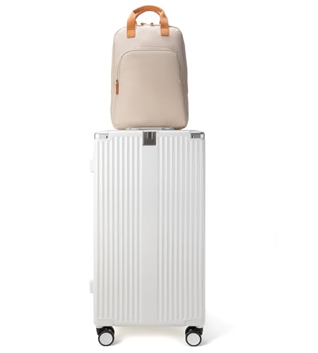 Image of feilario 30in Super Large Captain Aluminum Frame Hardside Spinner Wheels Luggage, Removable Wheels Zipperless Checked Suitcase with Cup Holder /Phone Holder (2 piece set Ivory White)