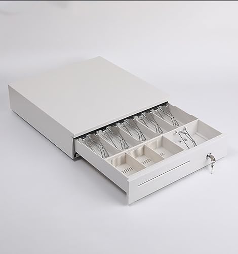 Image of RONTENO Cash Box Metal Cash Register Drawer 3 Coin Money Storage Box Tray With Removable Coin Tray And Key-Lock Cash Drawer For Shop, 1Pc (White Color)