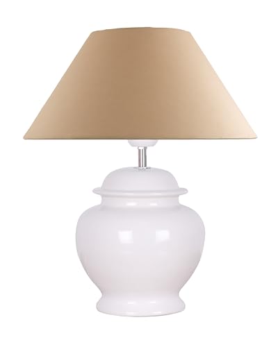 Image of Homesake Ceramic Pot Shaped Base White Table Lamp for Living Room, Bedside, Bedroom & Study | Nightstand | Modern Decorative Night Lamp with LED Bulb, Shade for Home Decor, Golden Cone Shade