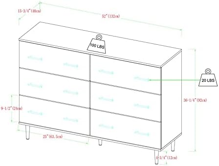Walker Edison Mila Modern 6 Drawer Storage Buffet, 52 Inch, Grey Wash