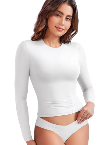 corcoar Camiseta deportiva para mujer, manga larga, para correr, entrenamiento, manga larga, con doble línea, para deporte, gimnasio, yoga, croptop Y2K, Blanco, XS