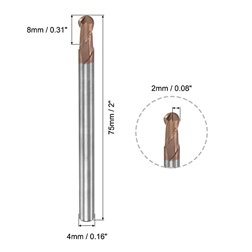 Image of uxcell Ball Nose End Mill 2mm Tip Radius Solid Carbide AlTiSin Coated CNC Router Bits 2 Flute Spiral Milling Cutter HRC55 with 4mm Shank 75mm (3-inch) Length
