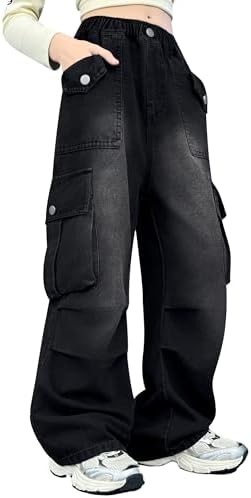 Rolanko Girls Cargo Pants Baggy Y2K Cargo Trousers Jeans Wide Leg