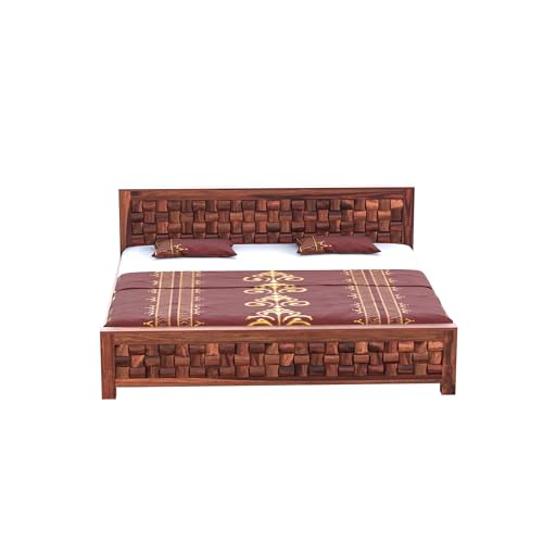 Image of Solid Sheesham Wood Queen Size Bed Without Storage | Wooden Double Bed Cot Bed for Bedroom Furniture | Palang Double Bed for Hotels | Niwar Patti Design, Honey