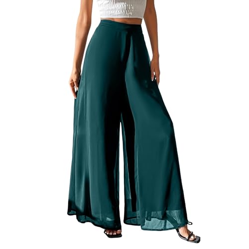 Lined Lightweight Chiffon Palazzo Culottes, Flowy Loose Wide Leg Dressy Trousers for Womens Summer Casual Events(Navy, XL)