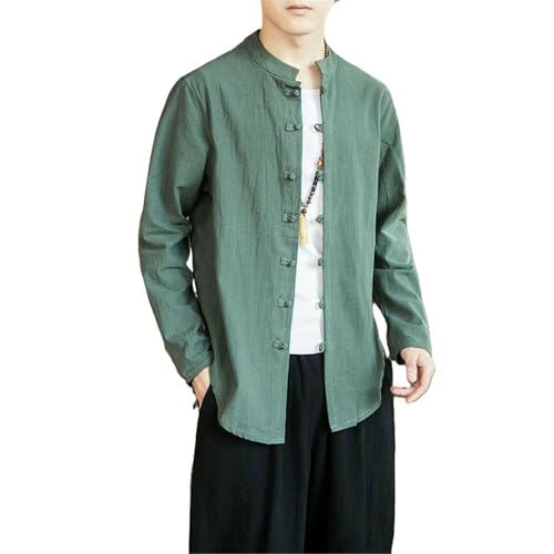 Chemise en coton et lin homme respirante à manches longues et col officier