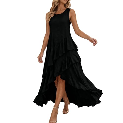 Foweknow Vestido de verano para mujer, sin mangas, línea A, dobladillo irregular, vestido con volantes, vestido de verano elegante, vestido maxi de verano, ligero y aireado, vestido de mujer, elegante