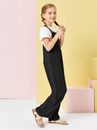 Image of Haloumoning Girls Overalls Kids Casual Sleeveless Wide Leg Jumpsuit Loose Rompers with Pockets 5-14 Years