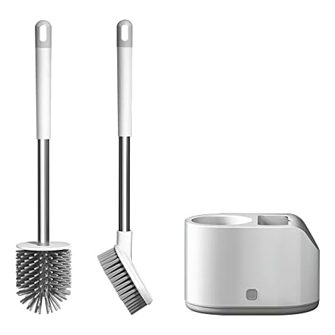 INCETUE 2 Pack Toilet Brush and Holder Sets, Silicone Bathroom Cleaning Brush with Base for Anti-drip, White Wall Mounted Long Handled Scrubbing Brushes Cover