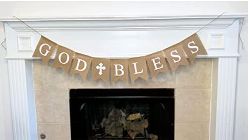 Miniatura 4 de Shimmer Anna Shine Cartel de arpillera "God Bless" Decoración cristiana rústica para baby shower, bautismo, bautismo y primera comunión (impresión