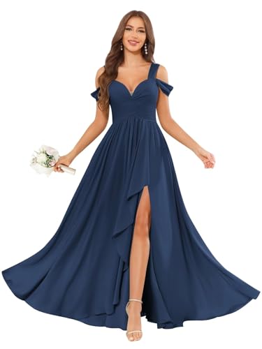 Cold Shoulder Bridesmaid Dresses with Slit Ruffle Chiffon Wedding Guest Dress Long Ball Gown