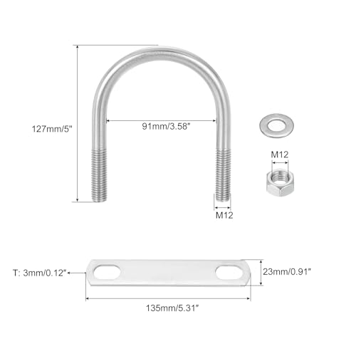 Image of uxcell Round U-Bolts, 6 Sets 91mm(3.58 inch) Inner Width 127mm Length M12 304 Stainless Steel U Clamp Bolt with Nuts and Plates, for Boat Trailer