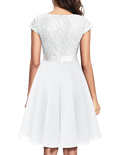 Daisyaner Women's Sequin Glitter Short Sleeve V-Neck Elegant Cocktail Dresses A-Line Sexy Mini Party Club Dress White S #TOP1