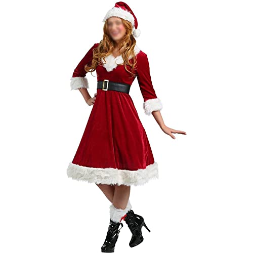 MOFOCO Langes Kleid Mit Mittellangen Ärmeln Für Damen, Weihnachten, Kostümkleid, Sexy Fuzzy-V-Ausschnitt, A-Linie, Weihnachtsfeier, Cosplay-Kostüm, Rotes Weihnachtsmann-Kleid Mit Gürtel, Hut M Cover