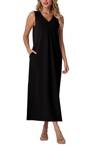 GRECERELLE 2025 Women Summer V-Neck Casual Loose Split Wrinkle-Free Long Maxi Vacation Dress with Pockets (XS-3XL)