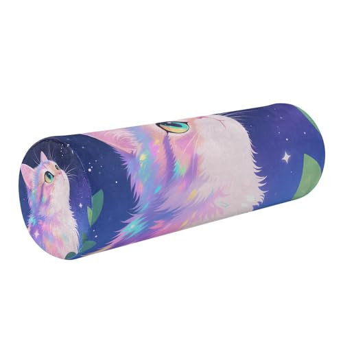 EtherSpher A Cute Cartoon White Cat Decorative Bolster Pillow for Sofa Circular Pillow Cushion Foam Cylinders Lumbar Support almohada para cervicales y Cuello