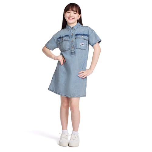 Image of Calvin Klein Girls' Short Sleeve Lightweight Chambray Denim Shirt Dress