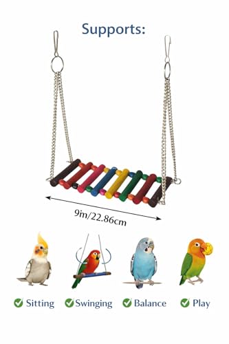 Image of KSK Wooden Bird Swing for Cage - Pack of 2, Thick Wooden Perch Bars with Heavy Duty Chain, Colorful Hanging Swing Toy for Cockatiel, Budgie, Lovebird & Small Parrots