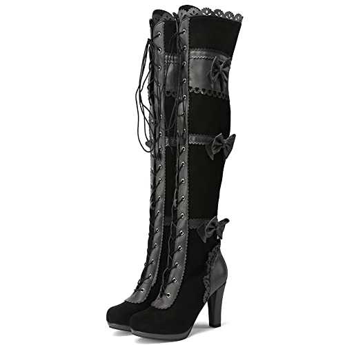 SaraIris Women's Vintage Boots Chunky High Heel Platform Knee High Boots Buckle Lace Goth Punk Knight Boots Over the Knee Boots Thigh High Boots for Women2