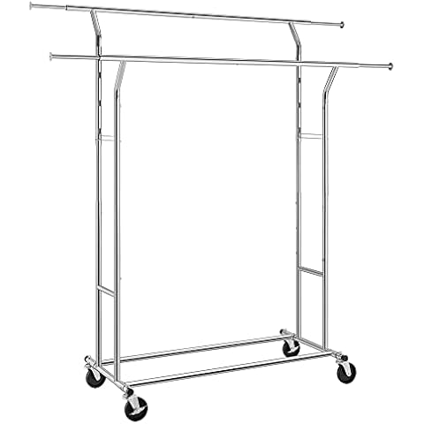 SONGMICS Schwerlast Kleiderständer aus Metall, bis 110 kg belastbar, Garderobenständer auf Rädern, Länge 129-169 cm, Verchromt HSR12S Cover