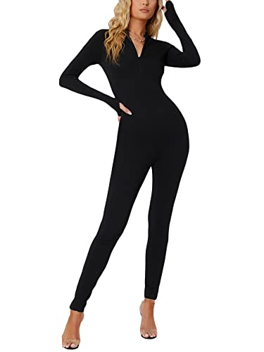 Makemechic Women's Long Sleeve Zip Front Bodycon Jumpsuit Unitard Bodysuit Romper Black Tall M #TOP20