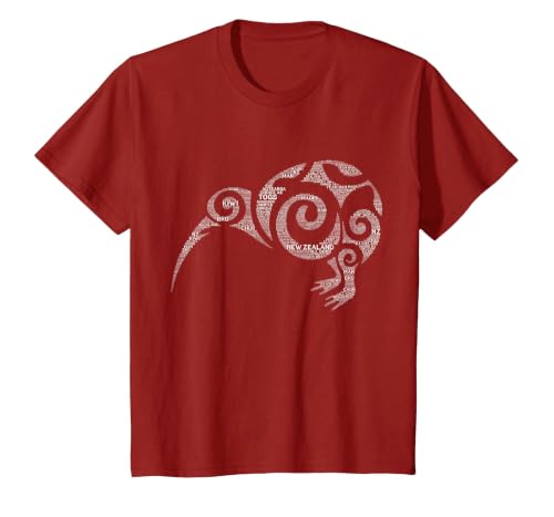 NZ Kiwi Maori Word Art Aotearoa Tribal Bird Icon New Zealand T-Shirt, Youth, Cranberry Red, Medium