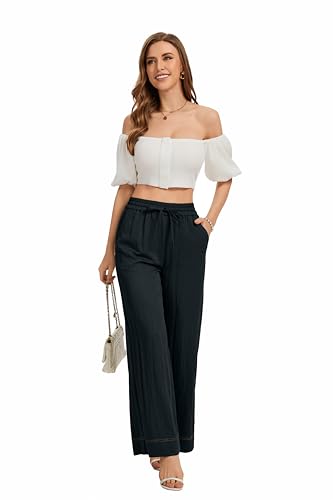 Image of KICZOY Women Flowy Pants Drawstring Waist Wide Leg Palazzo Beach Pants Loose Fit with Pockets
