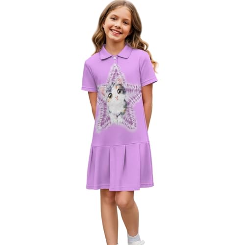 Print Girls Tennis Polo Dress with Pleated Skirt Knee Length Goft Dresses Short Sleeve Athletic Dress Size 5-14