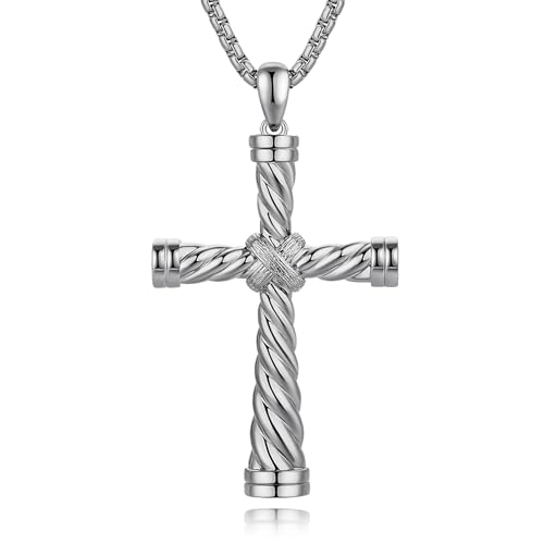Large Cross Necklace for Men 316L Stainless Steel Cross Pendant Jesus Christ Cross Jewelry White/Gold/Black, with Rolo Chain 22/24/26 Inch
