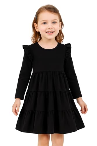 Image of Girl Long Sleeve Dress Ruffle Rainbow Color Block Cotton Casual Tiered Pleated Twirly Dress
