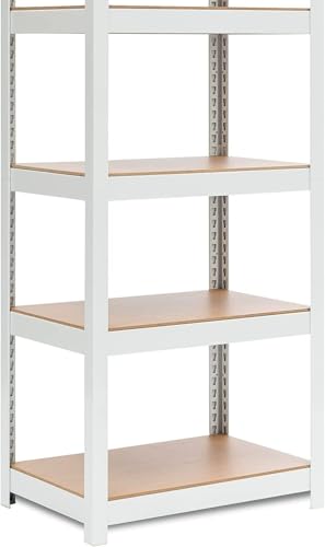 Image of Heavy Duty Metal Rack with Wooden Shelves (Adjustable), 30KG /Shelf, Boltless Storage Organizer, Multipurpose Display Shelves for Kitchen, Garage, Warehouse White-4 Layers