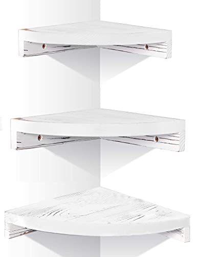 OROPY 3 Tier Radial Corner Shelves for Wall , Solid Wood Floating Corner Storage Shelves Rustic White - Ideal for Display of Books, Small Plant, Photos, Wall DÃ©cor ( One Set of 3 )