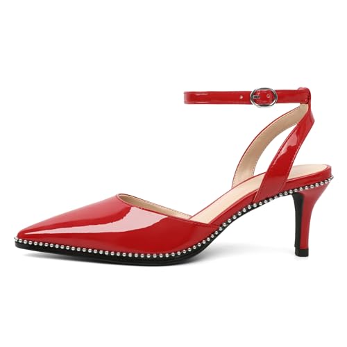 Image of SAMMITOP Kitten Heels for Women Low Heel Closed Toe Ankle Strap Pumps Wedding Party Beaded Dress Shoes 2.4 Inch