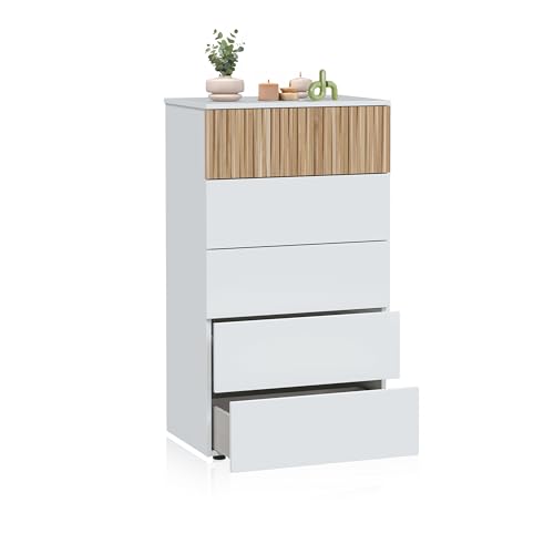 duehome | Sinfonier de 5 Cajones para Dormitorio, Modelo Nitza, Acabado en Blanco Artik y Natur, Medidas: 61 cm (Largo) x 109 cm (Alto) x 40 cm (Fondo)
