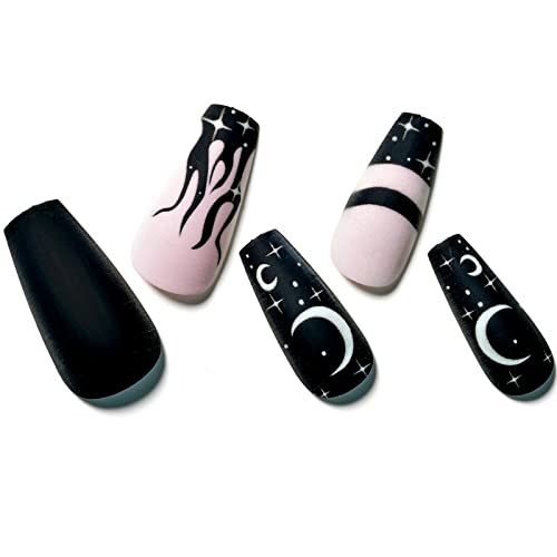 Press on Nails Medium Coffin GLAMERMAID, Pink Black Stars Flame Fake Nails with Design Acrylic False Nail Kits Long Stick Glue on Nails Sets for Women Reusable Full Cover Gel Nails 24Pcs