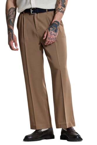 Image of SNITCH Men Bordeaux Trousers | Relaxed Fit High Rise Pleated Front with Turned-Up Cuffs | Smooth Polyester Fabric for Casual & Formal Wear | Summer Style