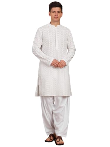 Image of See Designs Men's Full Sleeve Mandarin Collar Chikankari Embroidered Straight Kurta with Salwar