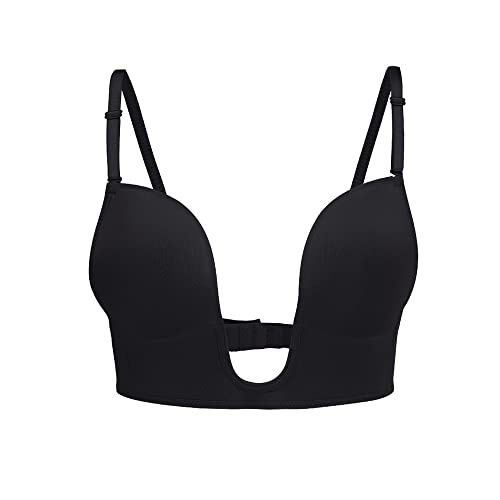 KOEMCY Soutien Gorge Dos Nu pour Femme Push Up sans Armature Brassière Sexy Profond U Soutien Gorge Dos Bas Invisible Bralette (Noir,A)