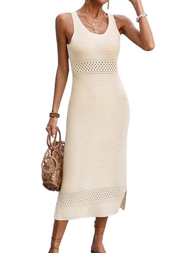 BreathSunny Womens Crochet Swimsuit Beach Cover Up 2026 Bathing Suit Swim Bikini Coverups Sleeveless Mesh Knit Swimwear Pool Coverup Midi Dress Apricot S