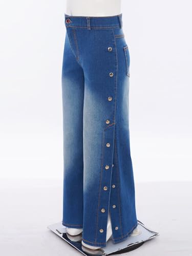 Kids Girls Straight Wide Leg Jeans High Elastic Waist Split Side Button Baggy Denim Pants with Pockets2