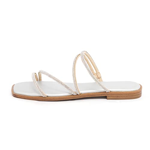 Image of vodvob Women's Rhinestone Flat Sandals Slip on Memory Foam Sandals Open Toe Slide Sandals