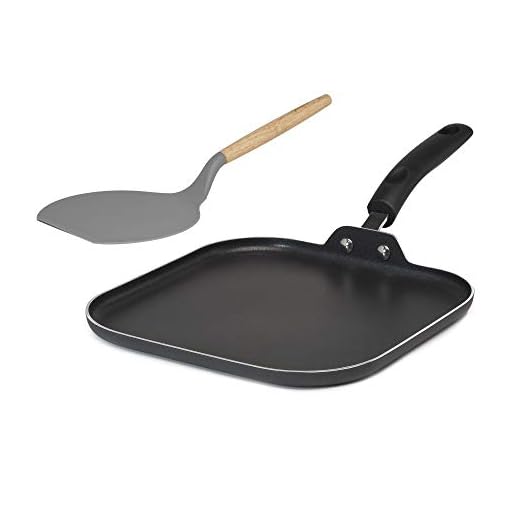 Goodful Aluminum Non-Stick Square Griddle Pan/Flat Grill, Made Without PFOA, with Bonus Nylon Pancake Turner, Dishwasher Safe Cookware, 11" x 11", Charcoal Gray