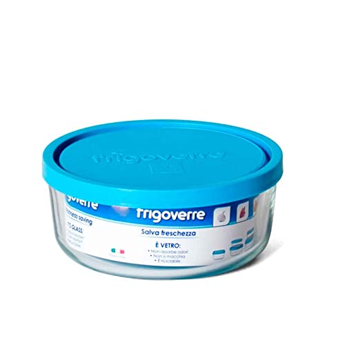 Tradineur - Fiambrera de cristal redonda, con tapa de plástico de 23 cm de diámetro y 9 cm de alto, con tapa azul. Recipiente para conservar alimentos con capacidad de 310 cl