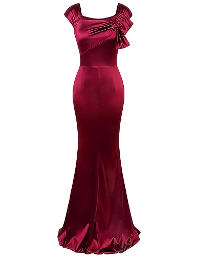 MUXXN Women 50s Style Retro Cap Sleeve Square Neck Satin Evening Cocktail Wedding Guest Long Maxi Dress