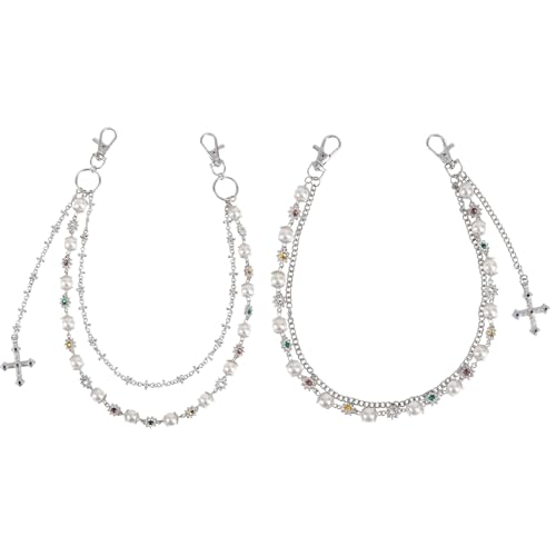2pcs Fashion Layered Pants Wallet Chains, Imitation Pearl Rhinestone Flower Cross Pendant Chains for Clothing