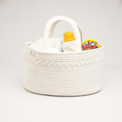 Oliver & Emilia Diaper Caddy - Portable Woven Baby Organizer Basket w/Handle, Nursery Changing Caddies & Dividers, Dresser Organizer, Cotton Rope Stuff Holder, Wipes Storage, Must Haves Newborn, Gift