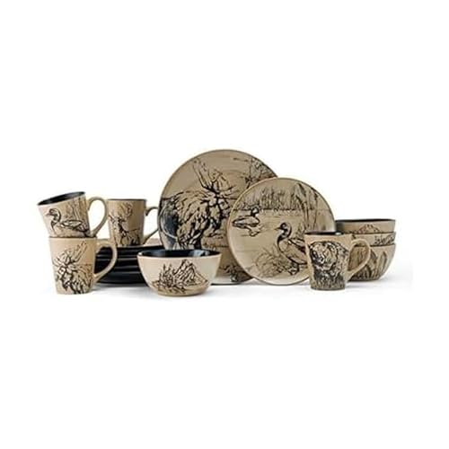 Mossy Oak Animal Print 16 Piece Dinnerware Set, Service for 4, Black and Beige
