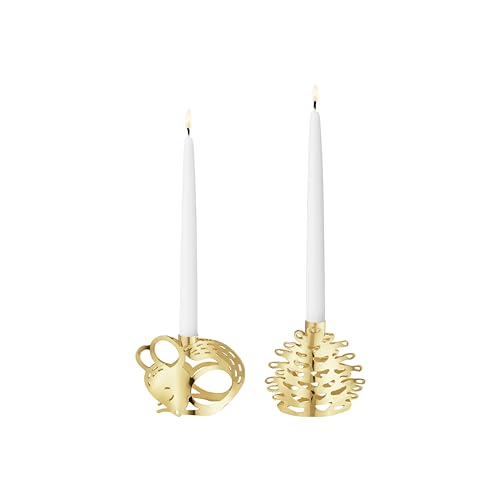 Georg Jensen 2023 Spitzkerzenhalter Set - 18 Karat Gold Plattiert Dekoration - Maus & Tannenzapf Geformt Kerzenhalter von Sanne Lund Traberg - 2 Stück