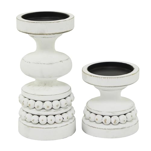 Deco 79 082953 The Novogratz Wood Decorative Candle Holder Beaded Pillar Candle Stand, Set Of 2 Candlestick Holder 8" thumb #2